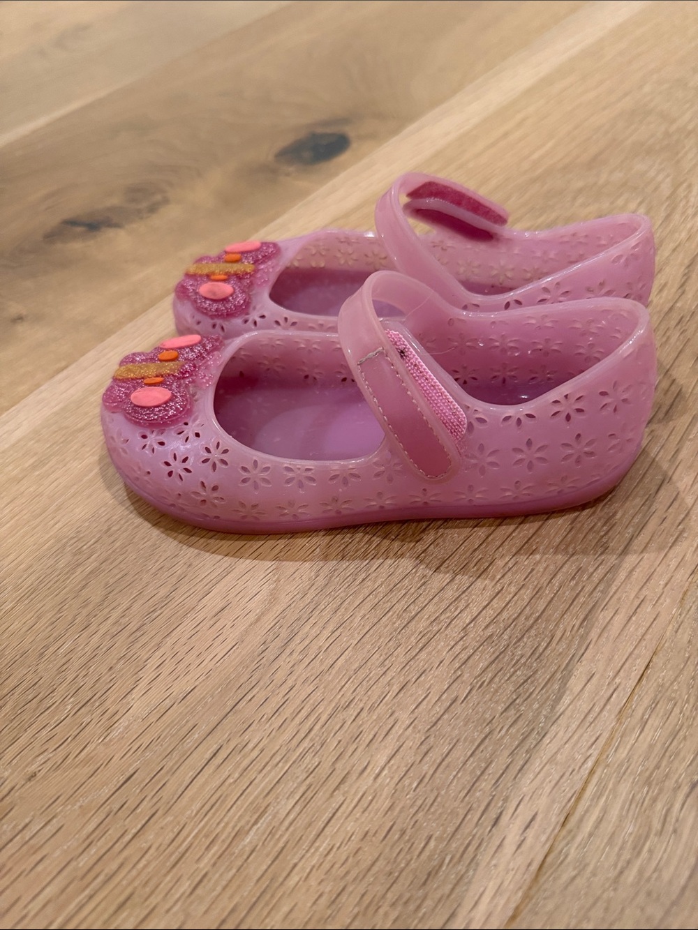 Old Navy Pink Jelly Mary Jane Shoes with Flower Accents